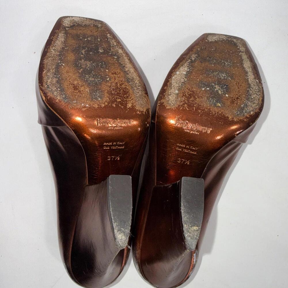 Yves Saint Laurent YSL Basket Orange Bronze Leather Designer Heels Sandals 37.5 - Picture 11 of 15